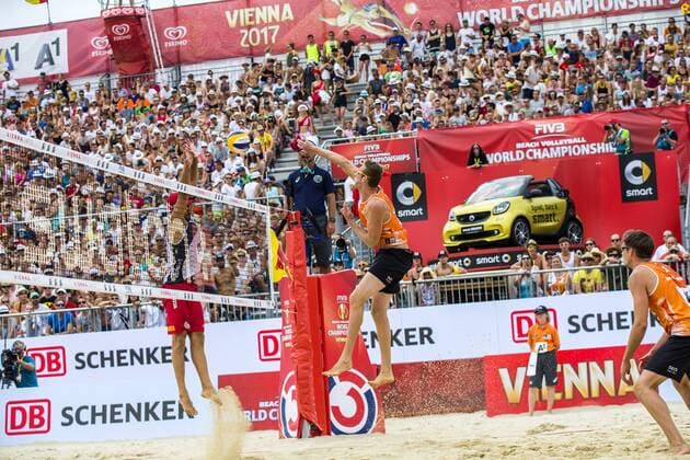 VIENNA, AUSTRIA - AUGUST 05: Christiaan Varenhorst of Netherlands in action during Day 9 of the FIVB Beach volleyball Beachvolleyball World Championships 2017 on August 5, 2017 in Vienna, Austria. (Photo by Michael Kunkel Hoch Zwei) Vienna Austria xHOCHxZWEIx