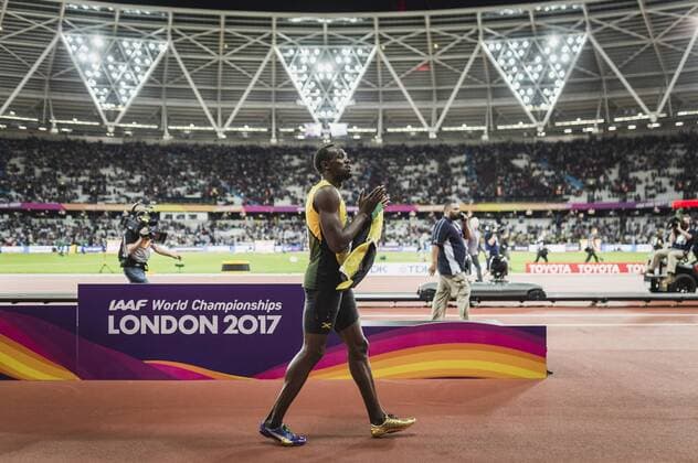 Bilder des Tages - SPORT London, Großbritannien, 05.08.2017: Leichtathletik WM London 2017 - Tag 1. 100m Finale Männer, Usain Bolt (Jamaika) auf der Ehrenrunde.