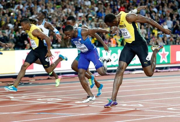 (170806) -- LONDON, Aug. 6, 2017 -- Jamaican Usain Bolt (1st R) sprints during Men s 100m Final on Day 2 of the 2017 IAAF World Championships at London Stadium in London, Britain, on Aug. 5, 2017. Usain Bolt took the bronze with 9.95 seconds.) (SP)BRITAIN-LONDON-ATHLETICS-WORLD CHAMPIONSHIPS-DAY 2-BOLT WangxLili 