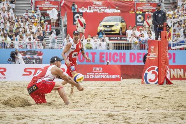 VIENNA, AUSTRIA - AUGUST 06: Alexander Horst and Clemens Doppler of Austria in action during Day 10 of the FIVB Beach volleyball Beachvolleyball World Championships 2017 on August 6, 2017 in Vienna, Austria. (Photo by Martin Steinthaler Hoch Zwei) Vienna Austria xHOCHxZWEIx