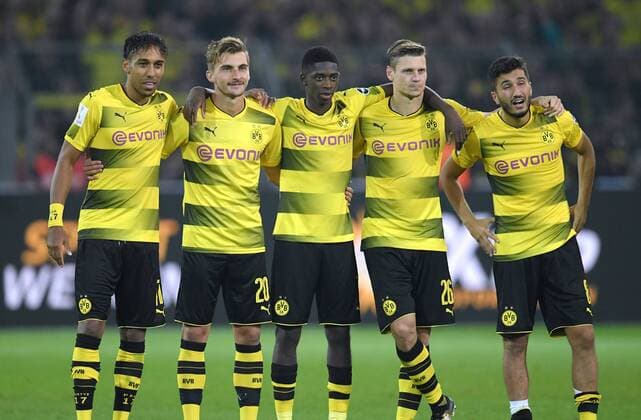 05.08.2017, Fussball GER, Supercup 2017, Finale in Dortmund, Borussia Dortmund - FC Bayern Muenchen, v.li., Pierre-Emerick Aubameyang, Pierre Emerick Aubameyang (Borussia Dortmund), Maximilian Philipp (Borussia Dortmund), Ousmane Dembele (Borussia Dortmund), Lukasz Piszczek (Borussia Dortmund), Nuri Sahin (Borussia Dortmund)