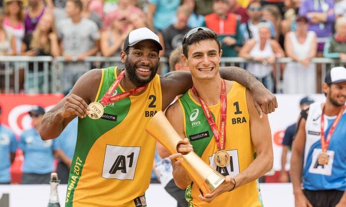 FIVB Beach volleyball Beachvolleyball World Championships Vienna 2017 am 06.08.2017 Andre LOYOLA STEIN, Evandro GONCALVES OLIVEIRA JUNIOR (BRA); FIVB Beach Volleyball World Championships Vienna 2017 am 06.08.2017, Donauinsel Wien (Oesterreich). xPWx