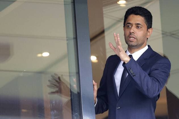Football players Neymar who just transferred from Barca to PSG attends PSG - Amiens (2-0) - football game at Stade de France. Please hide the children s faces prior to the publication. Nasser Al Khelaifi (président du PSG) Paris France  538179