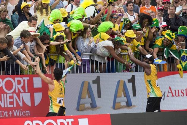 VIENNA, AUSTRIA - AUGUST 06: Andre Loyola Stein and Evandro Goncalves Oliveira Junior of Brazil seen during Day 10 of the FIVB Beach volleyball Beachvolleyball World Championships 2017 on August 6, 2017 in Vienna, Austria. (Photo by Michael Kunkel Hoch Zwei) Vienna Austria xHOCHxZWEIx
