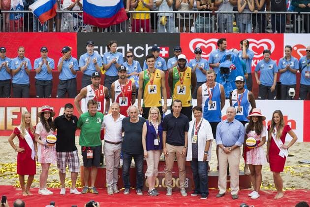 VIENNA, AUSTRIA - AUGUST 06: Silver medalist Alexander Horst and Clemens Doppler of Austria, gold medalist Andre Loyola Stein and Evandro Goncalves Oliveira Junior of Brazil, bronze medalist Nikita Liamin and Viacheslav Krasilnikov of Russia seen during Day 10 of the FIVB Beach volleyball Beachvolleyball World Championships 2017 on August 6, 2017 in Vienna, Austria. (Photo by Michael Kunkel Hoch Zwei) Vienna Austria xHOCHxZWEIx