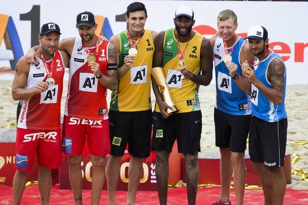 VIENNA, AUSTRIA - AUGUST 06: Silver medalist Alexander Horst and Clemens Doppler of Austria, gold medalist Andre Loyola Stein and Evandro Goncalves Oliveira Junior of Brazil, bronze medalist Nikita Liamin and Viacheslav Krasilnikov of Russia seen during Day 10 of the FIVB Beach volleyball Beachvolleyball World Championships 2017 on August 6, 2017 in Vienna, Austria. (Photo by Michael Kunkel Hoch Zwei) Vienna Austria xHOCHxZWEIx