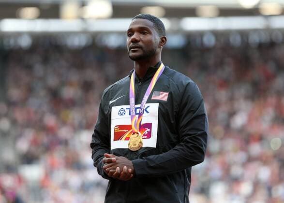 August 6th 2017, London Stadium, East London, England; IAAF World Championships; Day 3; Justin Gatlin of USA poses with the gold medal for coming 1st in the Men s 100 metres final xJohnxPatrickxFletcherx  ActionPlus11912368