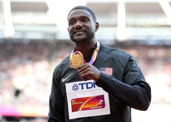 August 6th 2017, London Stadium, East London, England; IAAF World Championships; Day 3; Justin Gatlin of USA poses with the gold medal for coming 1st in the Men s 100 metres final xJohnxPatrickxFletcherx  ActionPlus11912371