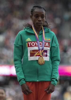 Athletics - 2017 IAAF London World Athletics Championships - Day Three, Evening Session Womens 10000m Medal Ceremony Almaz Ayana (Ethiopia) with the gold medal at the London Stadium COLORSPORT DANIEL BEARHAM  csp_WrlAth_d3PM