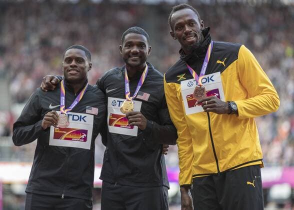 Athletics - 2017 IAAF London World Athletics Championships - Day Three, Evening Session 100m Men s Medal Ceremony Left to right Chris Coleman, Justin Gatlin (United States) and Usain Bolt (Jamaica) at the London Stadium COLORSPORT DANIEL BEARHAM  csp_WrlAth_d3PM