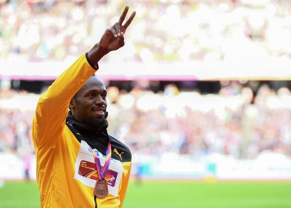 Usain BOLT (JAM) on the mens 100m podium during the London 2017 IAAF World Athletic Championship at Queen Elizabeth Olympic Park, London, United Kingdom on 6 August 2017. Copyright: xVincexMignottx 16130295