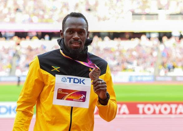 Usain BOLT (JAM) on the mens 100m podium during the London 2017 IAAF World Athletic Championship at Queen Elizabeth Olympic Park, London, United Kingdom on 6 August 2017. Copyright: xVincexMignottx 16130296