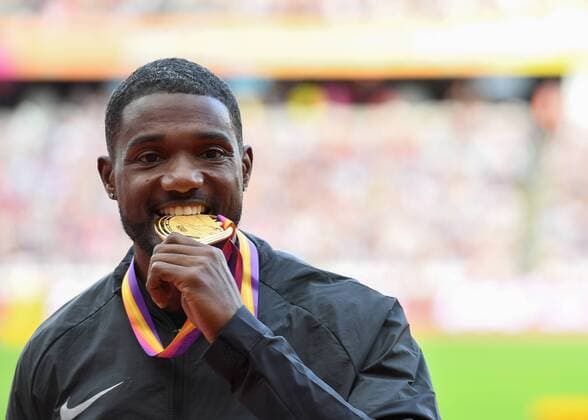 Justin GATLIN (USA) on the mens 100m podium during the London 2017 IAAF World Athletic Championship at Queen Elizabeth Olympic Park, London, United Kingdom on 6 August 2017. Copyright: xVincexMignottx 16130297