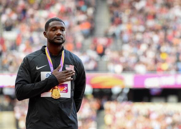 Justin GATLIN (USA) on the mens 100m podium during the London 2017 IAAF World Athletic Championship at Queen Elizabeth Olympic Park, London, United Kingdom on 6 August 2017. Copyright: xVincexMignottx 16130301