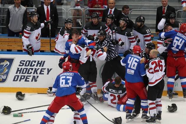 SOCHI, RUSSIA - AUGUST 7, 2017: Players fight in a Sochi Hockey Open 2017 match between the Russian OIympic team and Canada at Sochi s Bolshoi Palace of Sports; Russian Olympic team won 3-2. Artyom Korotayev TASS  TS05A910