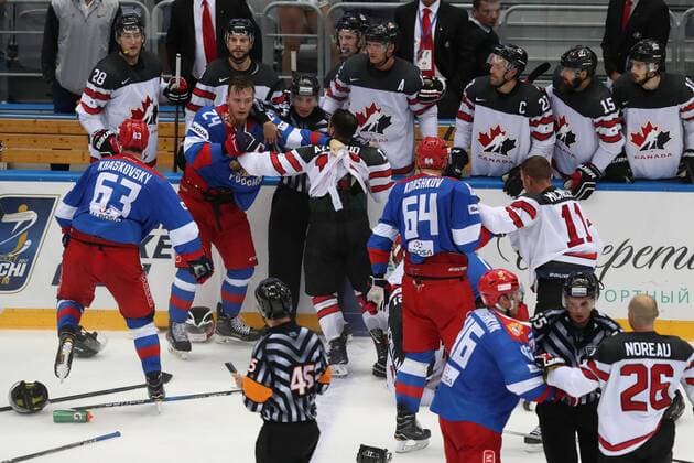 SOCHI, RUSSIA - AUGUST 7, 2017: Players fight in a Sochi Hockey Open 2017 match between the Russian OIympic team and Canada at Sochi s Bolshoi Palace of Sports; Russian Olympic team won 3-2. Artyom Korotayev TASS  TS05A911