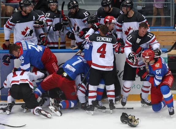 SOCHI, RUSSIA - AUGUST 7, 2017: Players fight in a Sochi Hockey Open 2017 match between the Russian OIympic team and Canada at Sochi s Bolshoi Palace of Sports; Russian Olympic team won 3-2. Artyom Korotayev TASS  TS05A915