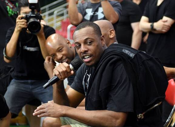 NBA Basketball Herren USA star Paul Pierce is interviewed during a basketball event in Hong Kong, China, 7 August 2017. NBA stars show off basketball skills to instruct younger players in Hong Kong  20170807_32483