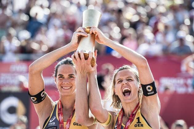 VIENNA, AUSTRIA - AUGUST 05: Kira Walkenhorst and Laura Ludwig of Germany celebrate after winning the gold medal match during Day 9 of the FIVB Beach volleyball Beachvolleyball World Championships 2017 on August 5, 2017 in Vienna, Austria. (Photo by Malte Christians Hoch Zwei) Vienna Austria xHOCHxZWEI MaltexChristiansx