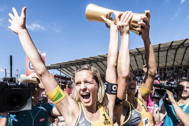 VIENNA, AUSTRIA - AUGUST 05: Laura Ludwig and Kira Walkenhorst of Germany celebrate after winning the gold medal match during Day 9 of the FIVB Beach volleyball Beachvolleyball World Championships 2017 on August 5, 2017 in Vienna, Austria. (Photo by Malte Christians Hoch Zwei) Vienna Austria xHOCHxZWEI MaltexChristiansx