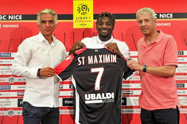 Jean Pierre Rivere (President de l OGC Nice) - Allan Saint Maximin (OGC Nice) - Lucien Favre (Entraineur de l OGC Nice) FOOTBALL : Nouvelles recrues de l OGC Nice - Conference de presse - Nice - 08 08 2017 NorbertScanella Panoramic 