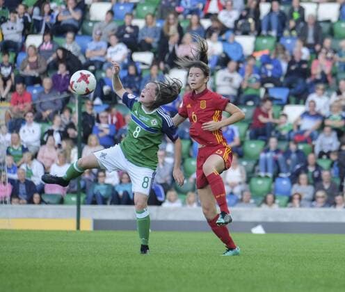 August 8th 2017, Windsor Park, Belfast, Northern Ireland; Womens Under 19s European Championship EM Europameisterschaft Finals; Northern Ireland versus Spain; Megan Bell of Northern Ireland and Damaris Egurrola of Spain battle for the hight ball xNigelxCookex  ActionPlus11913084