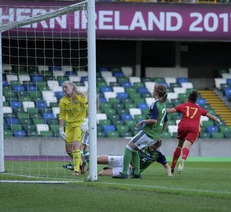 August 8th 2017, Windsor Park, Belfast, Northern Ireland; Womens Under 19s European Championship EM Europameisterschaft Finals; Northern Ireland versus Spain; Lucia Garcia of Spain celebrates her goal which made it 1-0 xNigelxCookex  ActionPlus11913086