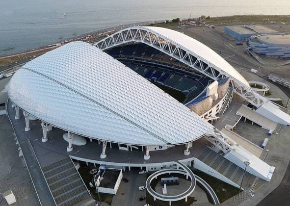 SOCHI, RUSSIA - AUGUST 8, 2017: An aerial view of the Fisht Stadium in the Sochi Olympic Park. The stadium to host 2018 FIFA World Cup WM Weltmeisterschaft Fussball matches. Artyom Korotayev TASS  TS05AB41
