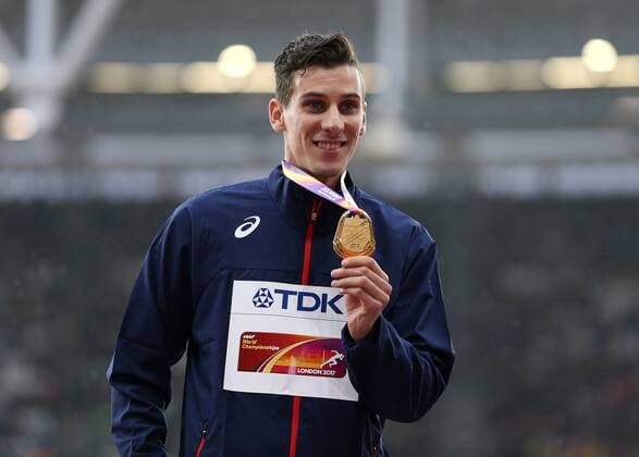 August 9th 2017, London Stadium, East London, England; IAAF World Championships, Day 6; Pierre-Ambroise Bosse of France poses with the Gold medal and World Champion of the Men& x2019;s 800 metres during the medal ceremony xJohnxPatrickxFletcherx  ActionPlus11913726