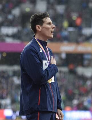 LONDON , UNITED KINGDOM - AUGUST 9 : Pierre Ambroise Bosse of France pictured with his gold medal during podium ceremony 800 final at the16th IAAF World Athletics championships from august 4 till 13, 2017 in London ,United Kingdom, 09 08 2017 ATHLETISME : Championnats du Monde - Londres - 09 08 2017 PhotoNews Panoramic  775015799