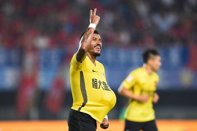 Brazilian football player Paulinho of Guangzhou Evergrande celebrates after scoring a goal against Liaoning Whowin in their 21st round match during the 2017 Chinese Football Association Super League (CSL) in Shenyang city, northeast China s Liaoning province, 10 August 2017. Guangzhou Evergrande competes against Liaoning Whowin at 21st round of 2017 CSL  20170810_81858