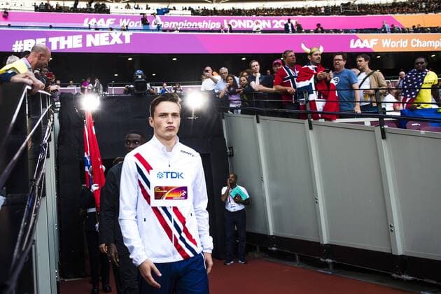 Leichtathletik, WM, Siegerehrung 400m Hürden Herren 170810 Norges Karsten Warholm under dag sju av friidrotts-VM den 10 augusti 2017 i London.  Copyright: JONxOLAVxNESVOLD BB170810JE005