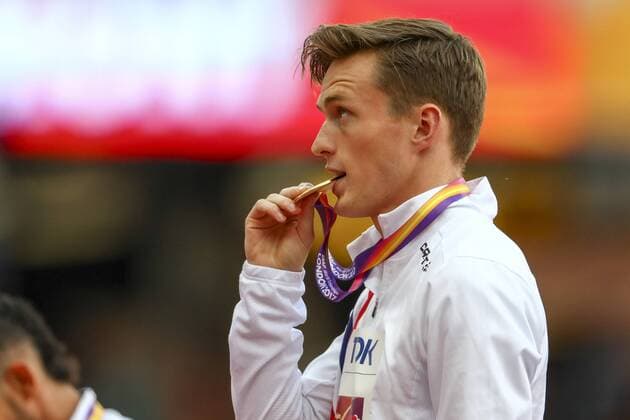 IAAF World Championships vom 04.-13.08.2017; London, 10.08.2017 Weltmeister Karsten Warholm (NOR) am 10.08.2017 im London Stadium waehrend der IAAF World Championships vom 04.-13.08.2017 in London (Great Britain). xakx