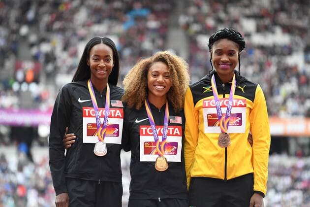 London, IAAF, Leichtathletik, athletics, Track and Field, World athletics Championships 2017 in London Leichtathletik WM 2017, 04-13.08.2017, Olympic Stadium London, 400m Hürden Frauen Siegerehrung Dalilah Muhammad, Silbermedaille, Tori Carter,Goldmedaille, Ristananna TraceyBronzemedaille