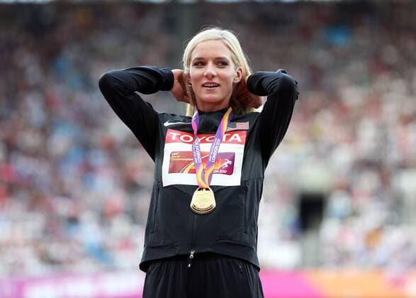 August 12th 2017, London Stadium, East London, England; IAAF World Championships, Day 9; Emma Coburn of the USA with the Gold Medal for the 3000 metres Steeplechase during the medal ceremony xJohnxPatrickxFletcherx  ActionPlus11915494