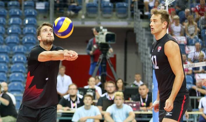 August 13, 2017 - Krakow, Poland - Tyler Sanders (CAN), Lucas Van Berkel (CAN), during the prestigious 2017 Hubert Wagner Memorial - volleyball friendly tournament match between Canada and France in Krakow, Poland, on 13 August 2017. Canada v France - Hubert Wagner Memorial  - ZUMAn230 20170813_zaa_n230_078 Copyright: xFotoxOlimpikx