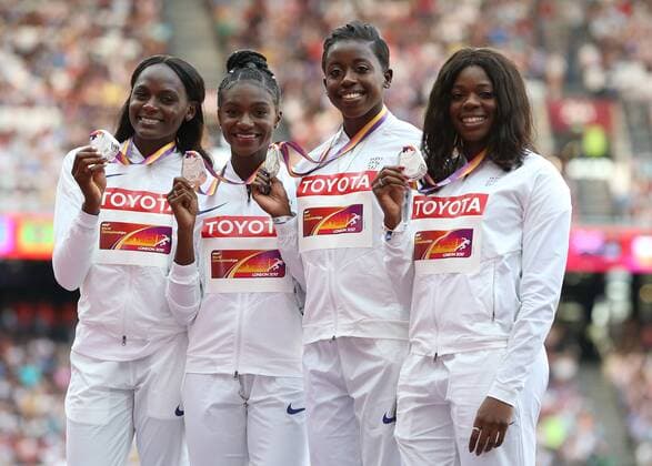 August 13th 2017, London Stadium, East London, England; IAAF World Championships, Day 10; Asha Philips of Great Britain, Desiree Henry of Great Britain, Dina Asher-Smith of Great Britain and Daryll Neita of Great Britain smiling as they pose with the silver medals in 4x100 metres relay women during the medal ceremony xJohnxPatrickxFletcherx  ActionPlus11916146