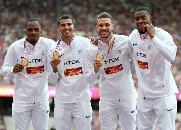 August 13th 2017, London Stadium, East London, England; IAAF World Championships, Day 10; Chijindu Ujah of Great Britain, Adam Gemili of Great Britain, Daniel Talbot of Great Britain and Nethaneel Mitchell-Blake of Great Britain pose with their Gold Medals for 4x100 metres relay men during the medal ceremony xJohnxPatrickxFletcherx  ActionPlus11916147