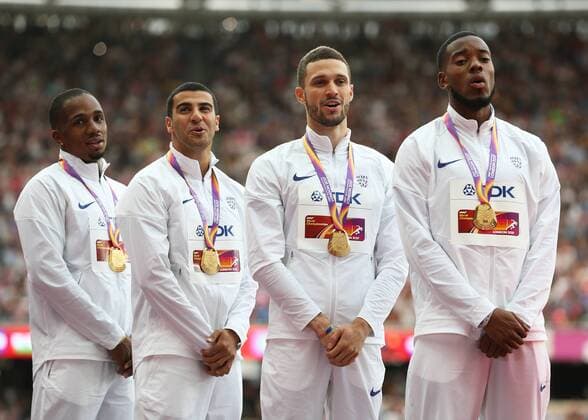 August 13th 2017, London Stadium, East London, England; IAAF World Championships, Day 10; Chijindu Ujah of Great Britain, Adam Gemili of Great Britain, Daniel Talbot of Great Britain and Nethaneel Mitchell-Blake of Great Britain singing the national anthem while wearing Gold Medals for 4x100 metres relay men during the medal ceremony xJohnxPatrickxFletcherx  ActionPlus11916148