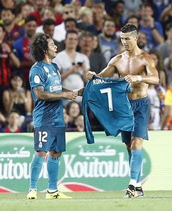 Real Madrid s Cristiano Ronaldo (r) and Marcelo Vieira celebrate goal during Supercup of Spain 1st match. August 13,2017.  (2017081326)