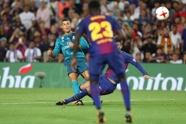 August 13, 2017 - Barcelona, Spain - Cristiano Ronaldo of Real Madrid kicks the ball to score his side s second goal during the Spanish Super Cup football match between FC Barcelona Barca and Real Madrid on August 13, 2017 at Camp Nou stadium in Barcelona, Spain. Football - Spanish Super Cup - FC Barcelona vs Real Madrid.  - ZUMAb169 20170813_zaa_b169_018 Copyright: xManuelxBlondeau Aop.Pressx