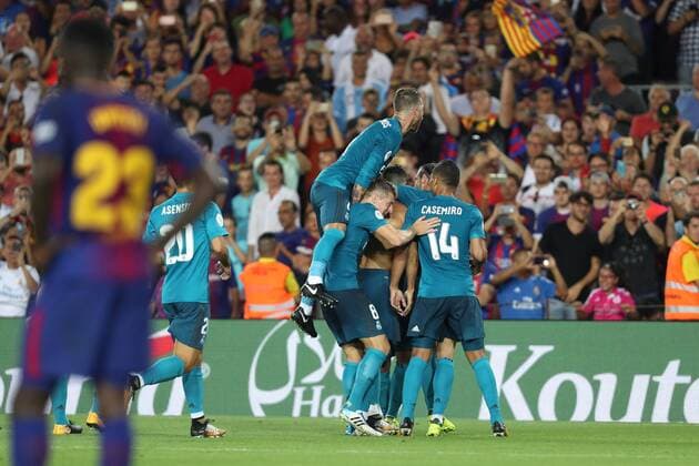 August 13, 2017 - Barcelona, Spain - Cristiano Ronaldo of Real Madrid celebrates ith his teamates after scoring his side s second goal during the Spanish Super Cup football match between FC Barcelona Barca and Real Madrid on August 13, 2017 at Camp Nou stadium in Barcelona, Spain. Football - Spanish Super Cup - FC Barcelona vs Real Madrid.  - ZUMAb169 20170813_zaa_b169_020 Copyright: xManuelxBlondeau Aop.Pressx