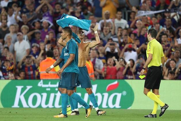 August 13, 2017 - Barcelona, Spain - Cristiano Ronaldo of Real Madrid receives a yellow card as he removes his jersey during the Spanish Super Cup football match between FC Barcelona Barca and Real Madrid on August 13, 2017 at Camp Nou stadium in Barcelona, Spain. Football - Spanish Super Cup - FC Barcelona vs Real Madrid.  - ZUMAb169 20170813_zaa_b169_023 Copyright: xManuelxBlondeau Aop.Pressx