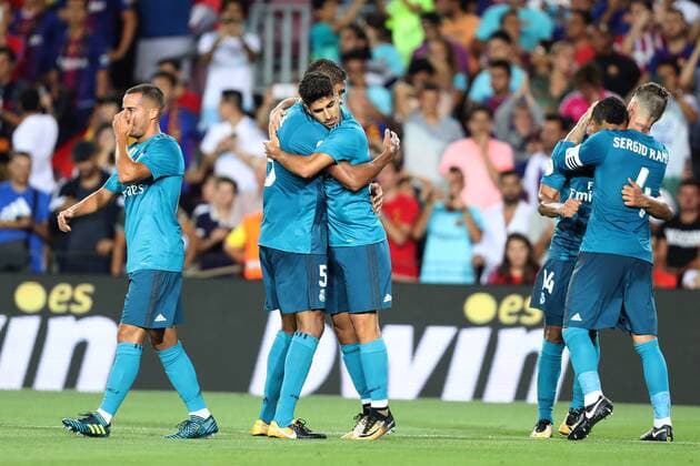 August 13, 2017 - Barcelona, Spain - Marco Asensio of Real Madrid celebrates after scoring his side s third goal during the Spanish Super Cup football match between FC Barcelona Barca and Real Madrid on August 13, 2017 at Camp Nou stadium in Barcelona, Spain. Football - Spanish Super Cup - FC Barcelona vs Real Madrid.  - ZUMAb169 20170813_zaa_b169_038 Copyright: xManuelxBlondeau Aop.Pressx