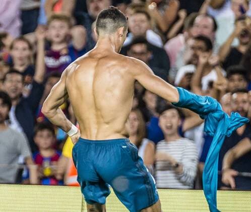 August 13, 2017 - Barcelona, Catalonia, Spain - Real Madrid forward RONALDO takes off his shirt in fron of the FC Barcelona Barca fans as he celebrates his goal during the Spanish Super Cup Final 1st leg against FC Barcelona at the Camp Nou stadium in Barcelona FC Barcelona 1:3 Real Madrid - Spanish Super Cup 2017 - ZUMAo105 20170813_zap_o105_050 Copyright: xMatthiasxOesterlex