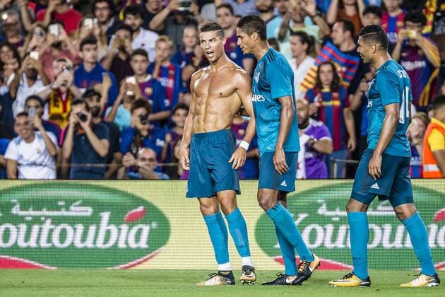 August 13, 2017 - Barcelona, Catalonia, Spain - Real Madrid forward RONALDO celebrates scoring a goal with teammates during the Spanish Super Cup Final 1st leg against the FC Barcelona Barca at the Camp Nou stadium in Barcelona. FC Barcelona 1:3 Real Madrid - Spanish Super Cup 2017 - ZUMAo105 20170813_zap_o105_054 Copyright: xMatthiasxOesterlex