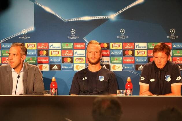 GER, UEFA CL, Qualifikation, TSG 1899 Hoffenheim (GER) vs FC Liverpool (GB) 27.06.2017, Trainingszentrum, Zuzenhausen, GER, UEFA CL, Qualifikation, TSG 1899 Hoffenheim (GER) vs FC Liverpool (GB) , im Bild Pressekonferenz: Pressesprecher Hoöger Kliem (Hoffenheim), Kevin Vogt (Hoffenheim), Trainer Julian Nagelsmann (Hoffenheim) nordphotoxBratic nph00250