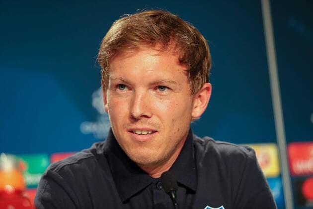 Julian Nagelsmann (Trainer, Cheftrainer, Hoffenheim), bei der Pressekonferenz am Vortag des Spiels, Abschlusspressekonferenz, PK, press conference PK Pressekonferenz Pressetermin, Medientermin, Porträt, Portrait, Einzelbild, Fussball, UEFA Champions League Qualifikation, MD-1, TSG 1899 Hoffenheim - FC Liverpool, xozx