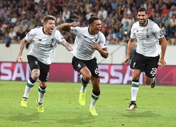 15.08.2017, xpsx, Fussball Champions League Quali, TSG 1899 Hoffenheim - FC Liverpool, emspor, v.l. celebrate the goal, Torjubel zum 0:1 für Liverpool Alberto Moreno (FC Liverpool), Torschütze Trent Alexander-Arnold (FC Liverpool), Emre Can (FC Liverpool) Sinsheim