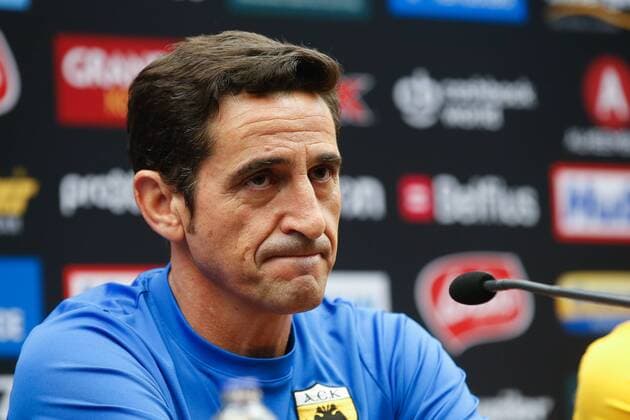 AEK s head coach Manolo Jimenez pictured during a press conference PK Pressekonferenz of Greek soccer club AEK Athens F.C., Wednesday 16 August 2017 in Brugge. The team is preparing for tomorrow s game against Belgian team Club Brugge KSV, the first leg of the first playoff round for the UEFA Europa League competition. BRUNOxFAHY  x05148753x